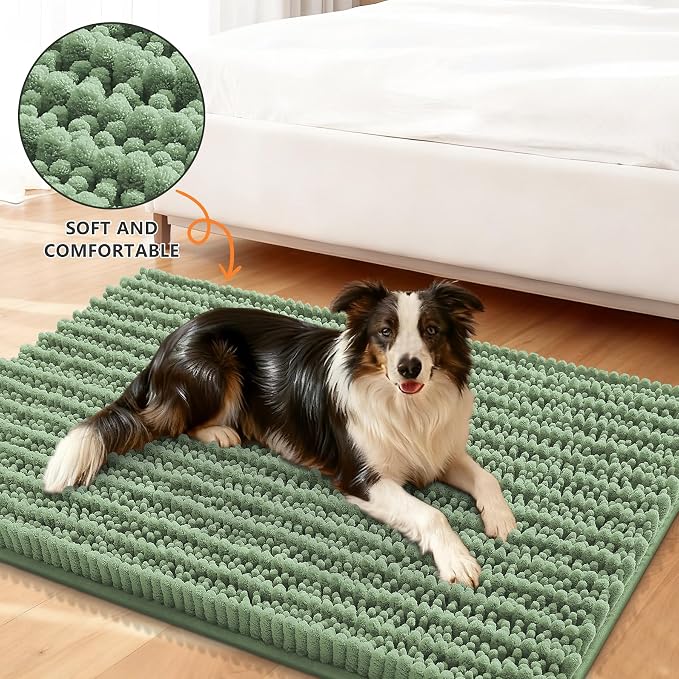 Smiry Dog Door Mat for Muddy Paws 30x20, Absorbent Dirt Trapper, Non-Slip Washable Chenille Entryway Rug for Inside Floor, Olive Green, Layered Pattern