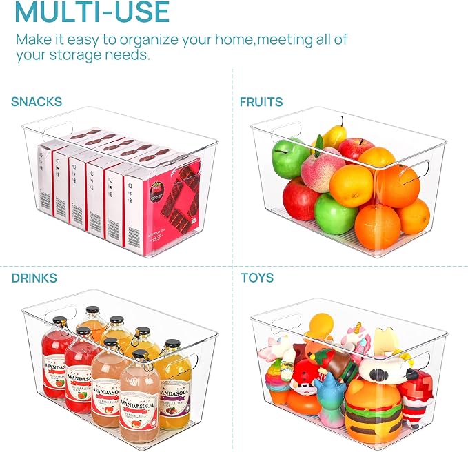 Vtopmart 6 Pack Clear Plastic Storage Bins, Pantry Organizer Containers with Handle for Refrigerator, Fridge, Cabinet, Kitchen, Countertops, Cupboard, Home Organization and Storage, XL