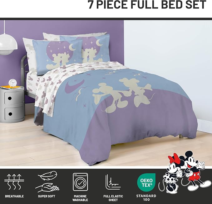 Disney Mickey and Minnie Mouse Full Size Comforter Set 7 Piece Bedding | Grey, Bed in a Bag, Comforter Sheets Shams Pillowcases, Official Product, Soft Microfiber, Machine Washable, Kids Gift