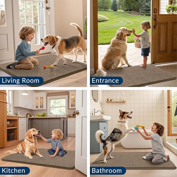Smiry Dog Door Mat for Muddy Paws 36x24, Absorbent Dirt Trapper, Non-Slip Washable Chenille Entryway Rug for Inside Floor, Camel, Classic Solid