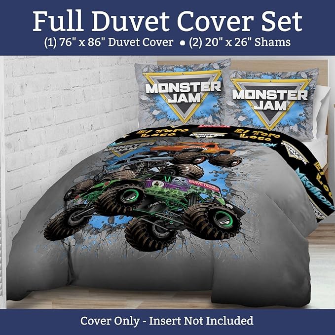 Jay Franco Kids Duvet Cover Set – 3 Piece Super Soft Bedding with Sham Pillowcase, Cover ONLY Comforter Not Included, Grey - Monster Jam, Full
