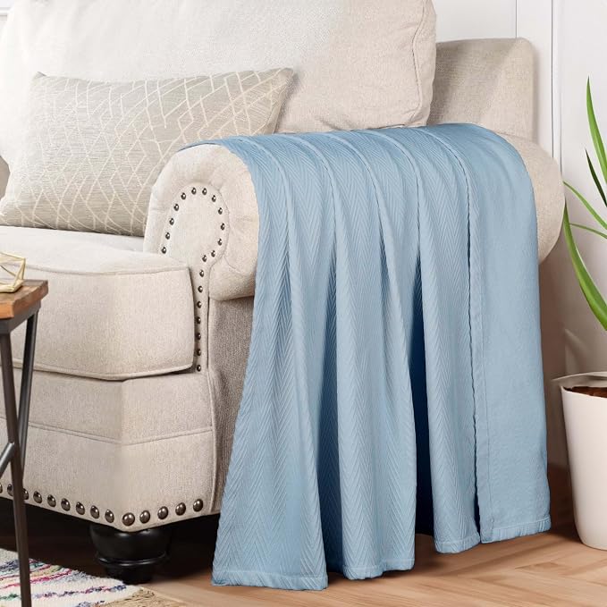 Superior Metro All-Season Cotton Blanket, Woven Blanket for Couch, Bed, Bedding, Farmhouse, Home Essentials, Cute and Cozy Bohemian Blankets, Herringbone Weave, Full/Queen, Light Blue