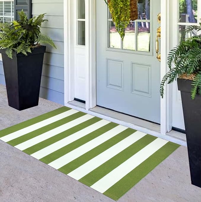 Front Porch Rug 24"x51",Green and White Striped Outdoor Rug Layered Doormat Cotton Woven Washable Indoor Outdoor Farmhouse Small Area Rug for Porch/Entryway/Home Entrance Decor