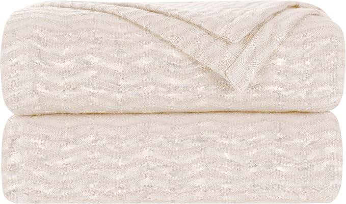 Superior JENA Cotton Blanket, for Picnic, Beach, Traveling or Camping, Bedroom Decor, Essentials, Cover for Bed, Couch, Lounging, Textured Jacquard, Modern Chevron Woven Blanket, Twin, Ivory