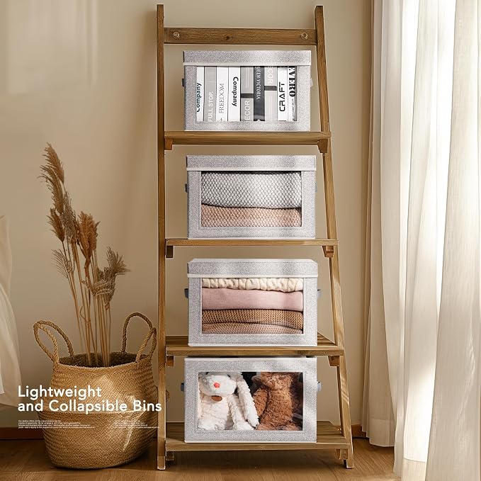 Homsorout Foldable Storage Bin with Lid - Closet Storage Organizer with Window, Storage Bins with Lids for Clothes, Fabric Storage Baskets for Shelves, Bedroom, Dorm, Light Grey, 4 Pack