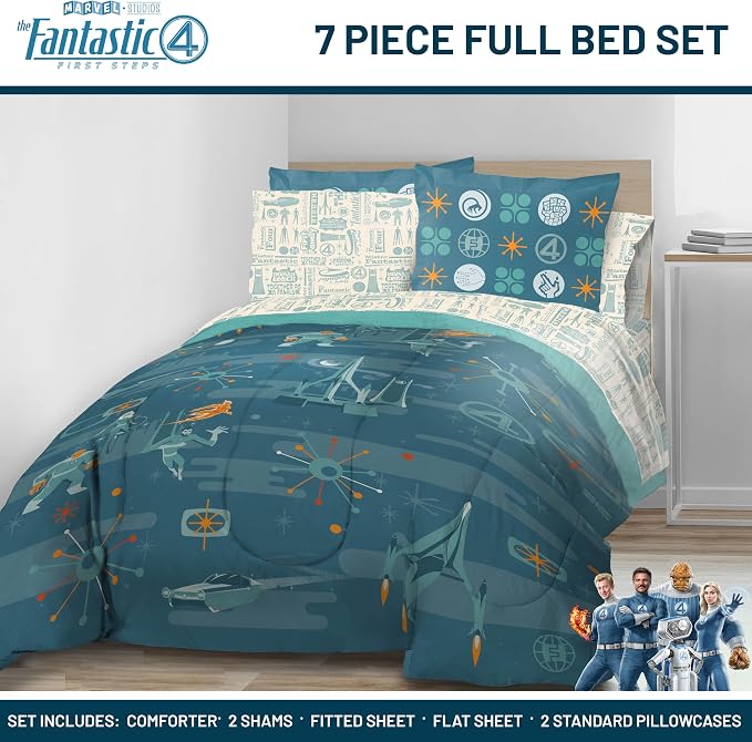 Marvel Fantastic Four Full Size Comforter Set 7 Piece Bedding, Blue | Superhero, Bed in a Bag, Comforter Sheets Shams Pillowcases, Official Product, Soft Microfiber, Machine Washable, Kids Gift