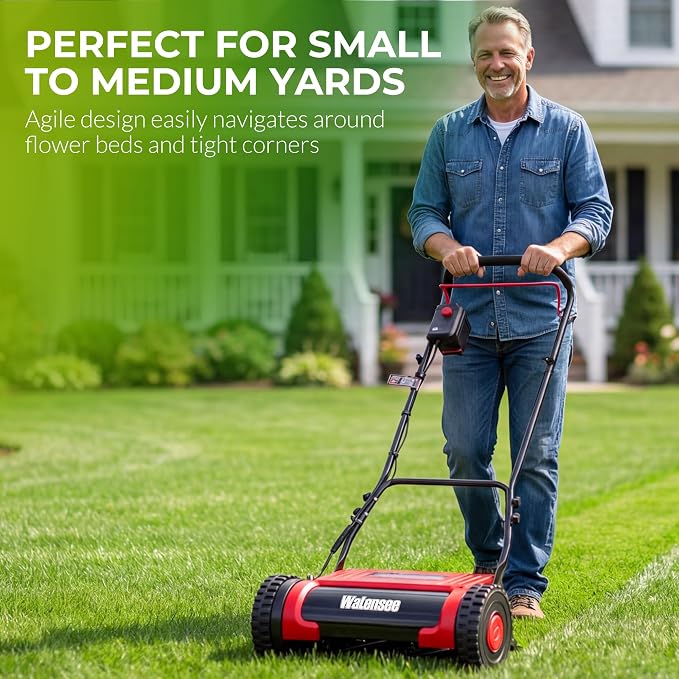 Walensee 16-Inch Cordless Electric Reel Lawn Mower with 2 Batteries | 380W motor at 22500 RPM, 5-blade reel at 900 RPM and 4 cutting heights from 0.67 to 1.77 inches for small yards