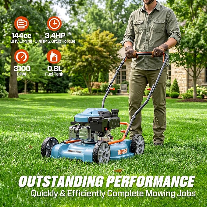 SENIX Gas Lawn Mower, 18" 144 cc Push Mower | Light-weight Design Push Mower,Ergonomically Designed Handle, 4-Cycle Engine, 3 Levels Height Adjustment for 1/4 Acre Yard
