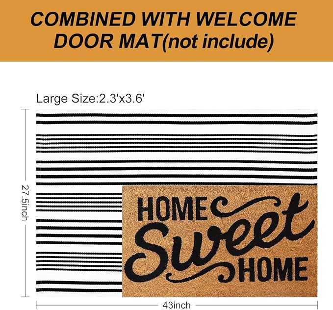 LEEVAN 2.3'X3.6' Black and White Striped Woven Reversible Outdoor Rug | Small Machine Washable Front Porch Rug, Cotton Entryway Door Mat, Indoor Layering Carpet for Farmhouse Bathroom Laundry