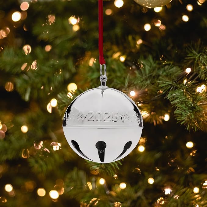 Wallace 2025 Silver-Plated Sleigh Bell Ornament 55th Edition - Cardinals and Poinsettias Holiday Collectible - Handcrafted Annual Christmas Bell with Gift Box