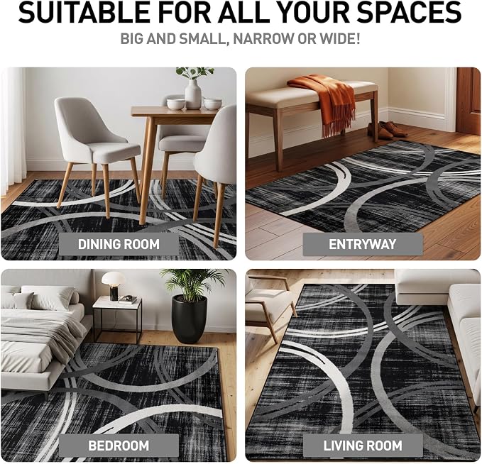 Rugshop Wavy Circles Modern Fade-Resistant Area Rug Black 6'6" x 9' | High Traffic,Fade Resistant, Living Room, Bedroom, Dining Room, Home Office, Kitchen, Entryway, Hallway, Nursery,Basement
