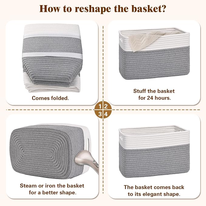 Storage Baskets for Organizing, 4 Pack Baskets for Shelves, Decorative Storage Bins for Shelves, Cotton Rope Storage Basket with Handles, Woven Basket for Storage, 13''Lx8.7''Wx7.9''H, White & Gray