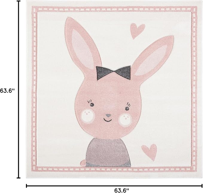 SAFAVIEH Carousel Kids Collection Area Rug - 5'3" Square, Ivory & Pink, Bunny Design, Non-Shedding & Easy Care, Ideal for High Traffic Areas for Boys & Girls in Playroom, Nursery, Bedroom (CRK166A)