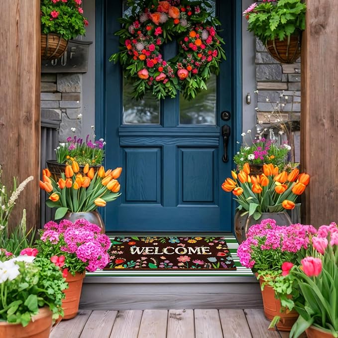 Tinideya 2 Pcs Door Mat Welcome Non Slip Coir Mats Floor Layering Doormats Seasonal for Front Porch Entryway Decor(Colorful Flowers)