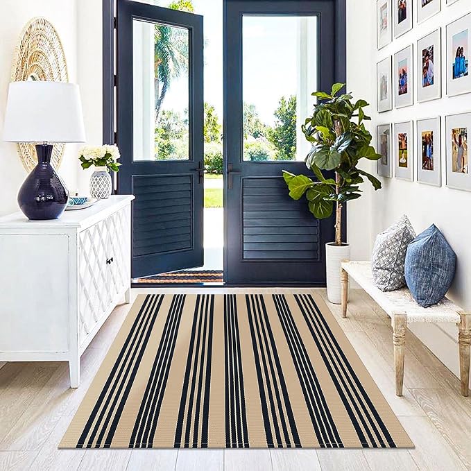 KILOCOCO Striped Rug 4x6 ft Washable Front Door Outdoor Rug, Brown Black | Cotton Front Porch Rug, Woven Living Room Rug, Low Pile Welcome Mat for Entryway, Layered Farmhouse Kitchen Patio Carpet