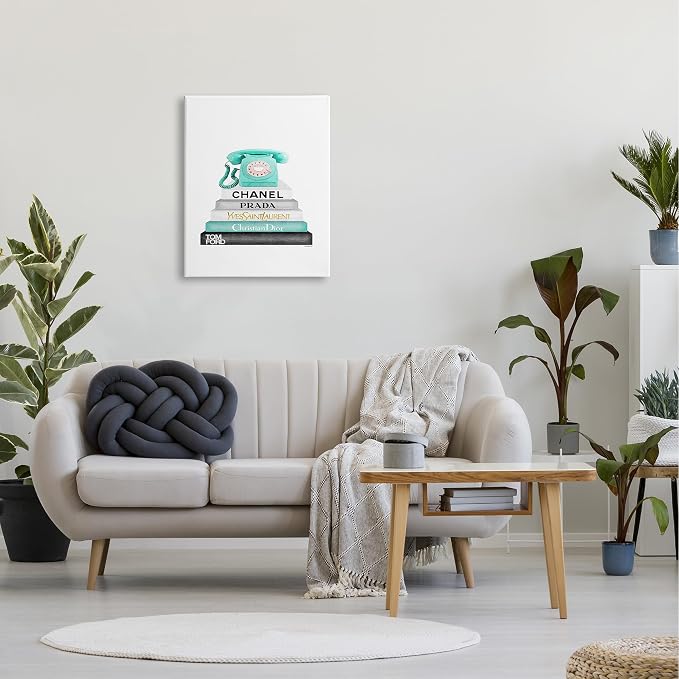 The Stupell Home Decor Grey Black Fashion Bookstack with Teal Phone Stretched Canvas Wall Art, 24 x 30, Multi-Color