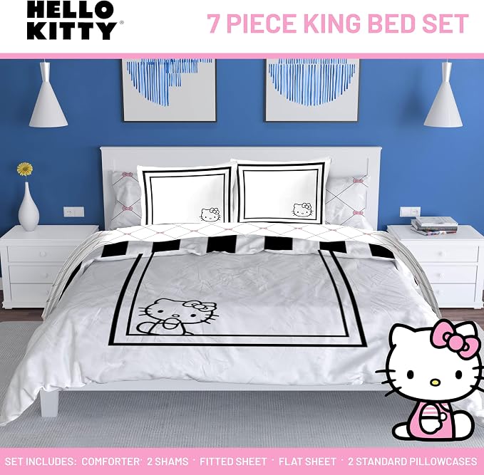 Sanrio Hello Kitty King Comforter Set 7 Piece Bedding for Girls, White | Bed in a Bag, Comforter Sheets Shams Pillowcases, Official Product, Soft Microfiber, Machine Washable, Girls Gift