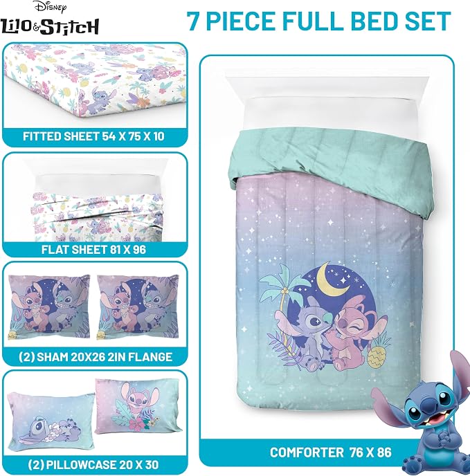 Disney Lilo and Stitch Full Comforter Set 7 Piece Kids Bedding, Multi | Bed in a Bag, Comforter Sheets Shams Pillowcases, Official Brand, Soft Microfiber, Machine Washable, Girls Gift