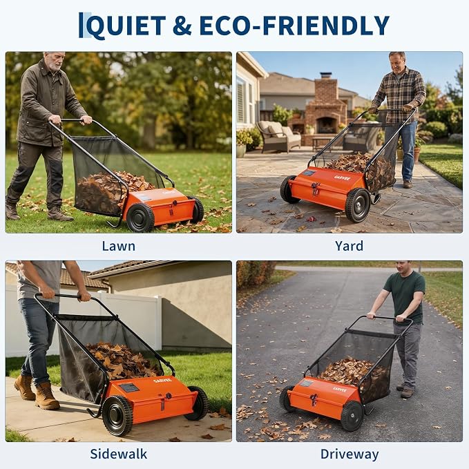 26 Inch Push Lawn Sweeper with Wheels,Manual Push Sweeper for Leaves and Grass Collection,7cu. ft. Hopper Bag,4 Adjustable Spinning Brushes, Ideal for Garden, Patio and Yard Cleanup