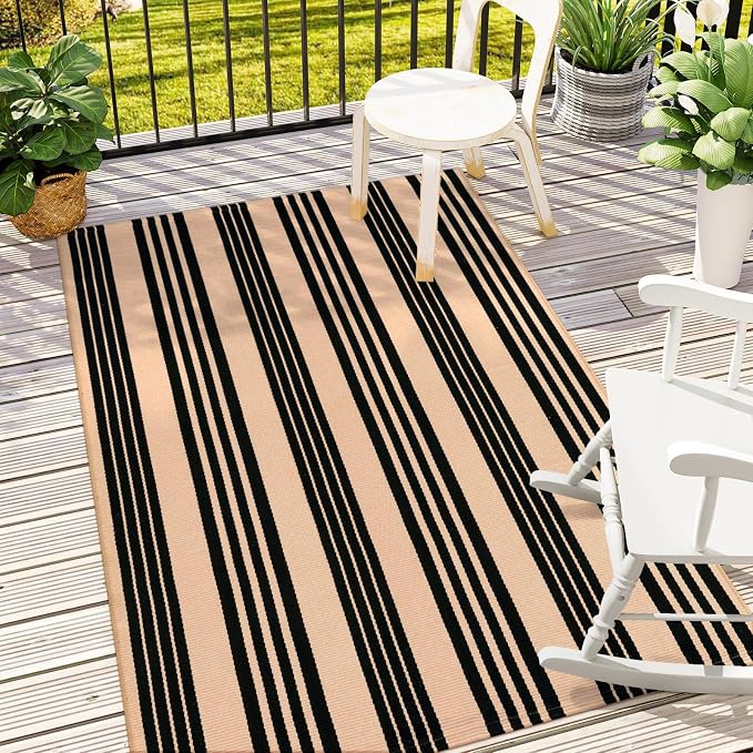 LEEVAN 4'X6' Black and Tan Striped Woven Cotton Reversible Outdoor Rug | Machine Washable Front Porch Rug, Entryway Door Mat, Indoor Layering Carpet for Balcony Farmhouse Laundry Patio
