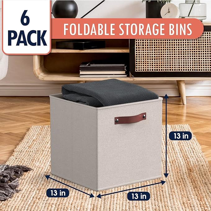 Ornavo Home 13x13 Foldable Fabric Storage Cube Bins, 6 Pack, Beige | Collapsible Linen Shelf Basket Organizer; Leather Handles; Ideal Cube Storage For Closet