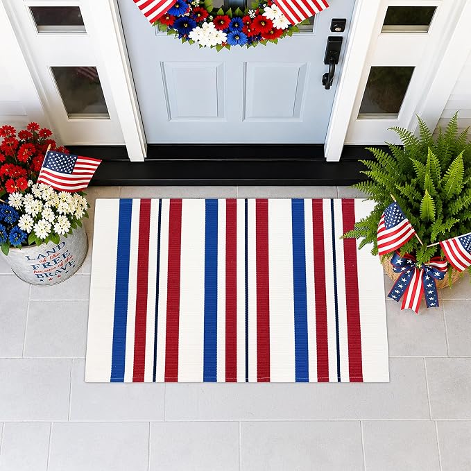 4th of July Door Mat Rug 28"x43", Patriotic Outdoor Rug for Front Porch, Red White and Blue Striped Layering Mat, Patriotic Door Mat for Indoor Outdoor Entryway Farmhouse Decor