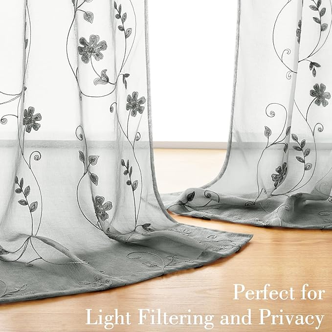 HOMEIDEAS Grey Sheer Curtains 84 Inches Long 2 Panels Embroidered Floral - Image 2