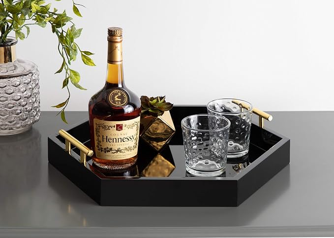 Kate and Laurel Lipton Modern Hexagon Decorative Tray, 18" x 18", Black with Gold Metal Handles