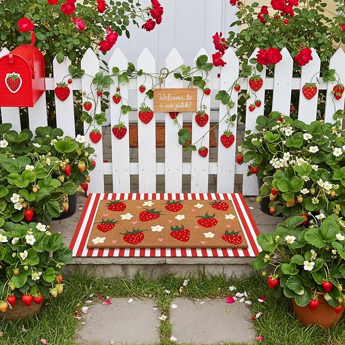 Tinideya 2 Pcs Strawberry Door Mat Summer Welcome Non Slip Coir Fruit Pattern Mats Floor Layering Red and White Stripe Doormats Seasonal for Front Porch Entryway Decor(Strawberry)