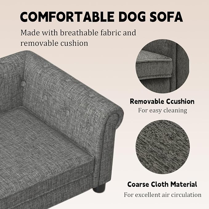 39" Dog Sofa Couch Bed for Small, Medium, Large Dogs,Memory Foam Pet Sofa with Removable Cover, Comfortable Pet Couch with Backrest and Armrests, Easy to Clean and Maintain（Light Grey）