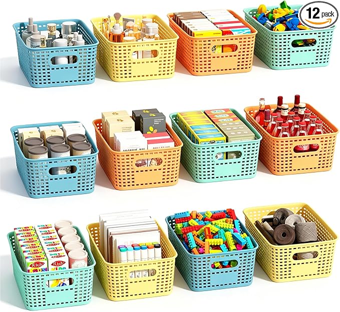 ORGIDOL Colorful Plastic Storage Baskets Bins for Home Organizing, 12 Pack | Space-Saving Storage Container with Handles, Multi-Purpose Storage Box, for Cabinet, Shelve, Countertop, Closet, Classroom
