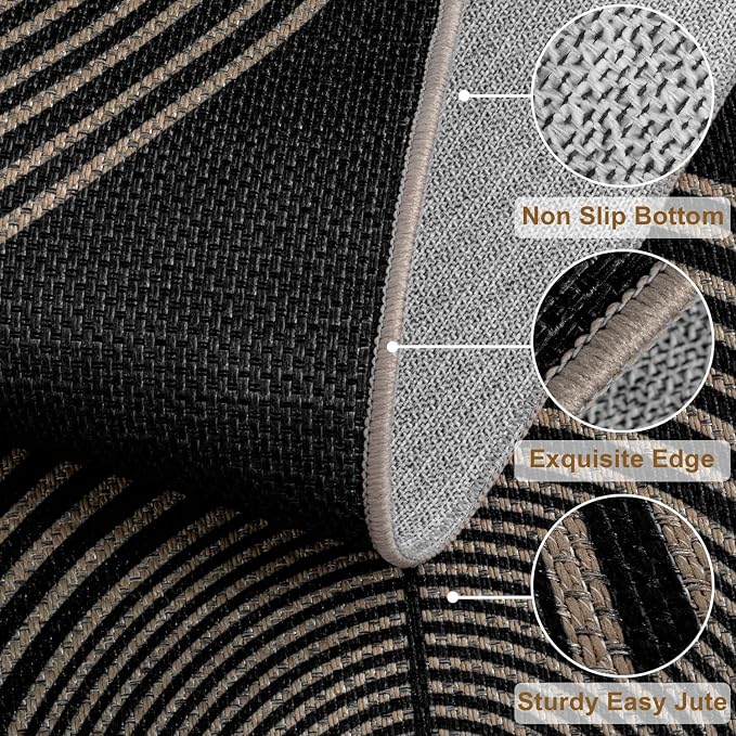 Rugalia Easy Jute Small Outdoor Patio Rug, 3x5 Black Rainbow Entryway Rug Washable Non-Slip Modern Kitchen Rugs, Neutral Farmhouse Boho Throw Carpet for Outdoor Living Room Porch Backyard