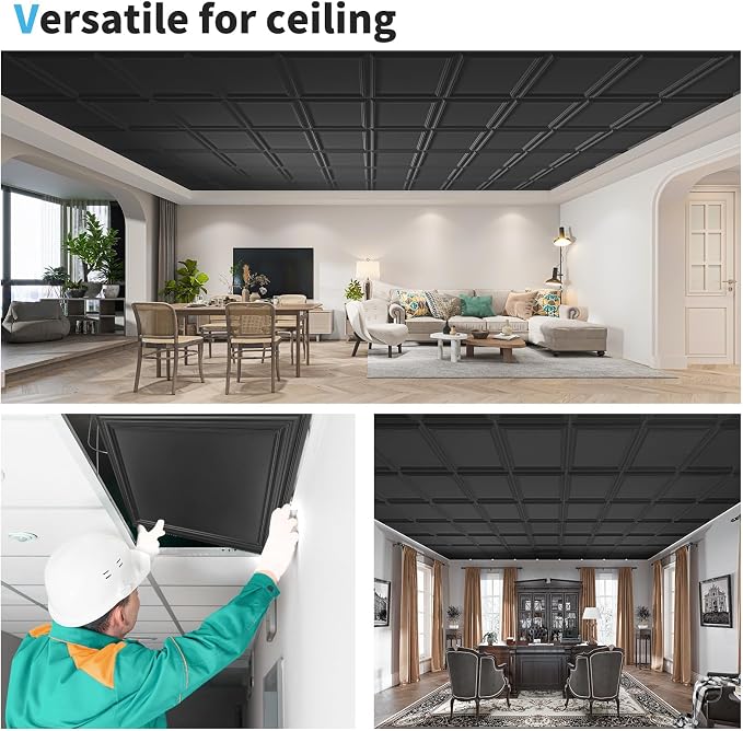 Art3d 36-Pack Drop Relief Ceiling Tiles for Home, Office & Commercial Space, 24 x 24in PVC Waterproof 3D Wall Panels, Covers 144 Sq. Ft, Multi-Pack, Square Black