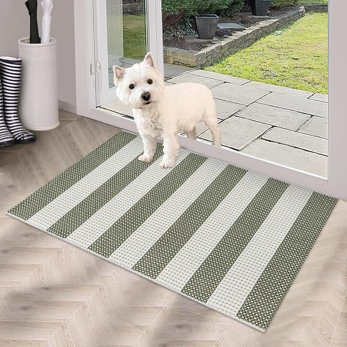 Green and White Striped Rug-2x3 Front Door Mat Outdoor,Washable Reversible Porch Rug Cotton Hand-Woven Spring Doormat, Foldable Layered Door Mats for Entryway/Farmhouse