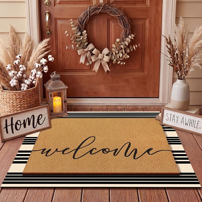 Tinideya 2 Pcs Door Mat Welcome Home Non Slip Coir Mats Floor Layering Black and White Stripes Doormats Seasonal for Front Porch Entryway Decor(23.6 x 35.4 Inches,Western Striped,Brown Black)