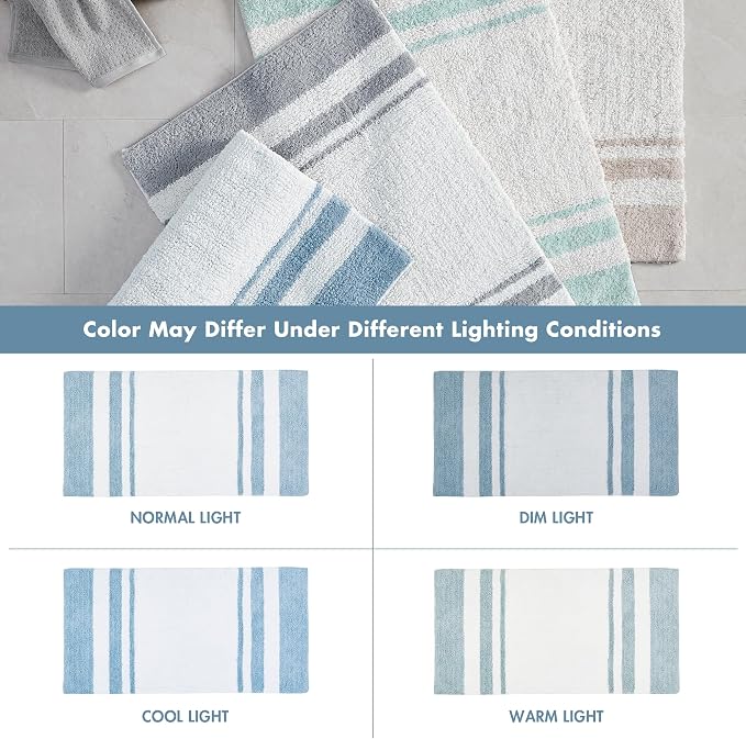 Madison Park Reversible Spa Rug 100%-Cotton Striped Ultra Soft Water Fast Bath Non-Slip Absorbent Quick Dry Mats for Tub, Shower Room, and Bathroom, 20"x30", Blue (MP72-6210) | Quick Dry, Ultra Soft, Pile, Machine Washable, Plush, OEKO-TEX Certified