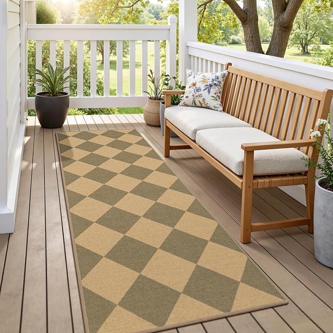 Lessymo Checkered Runner Rug 2x6 for Hallway, Washable Kitchen Non-Slip | Easy Jute Entryway Rug, Farmhouse Indoor Carpet Outdoor Rugs for Patio Backyard Porch, Kid Pet Friendly, Diamond Brown/Beige