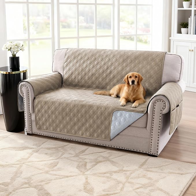 H.VERSAILTEX 100% Waterproof Couch Cover for Dogs Washable Triple Non-Slip 2 Cushion Loveseat Slipcover Thick Durable Sofa Protector with Storage Pocket (Loveseat, Taupe)