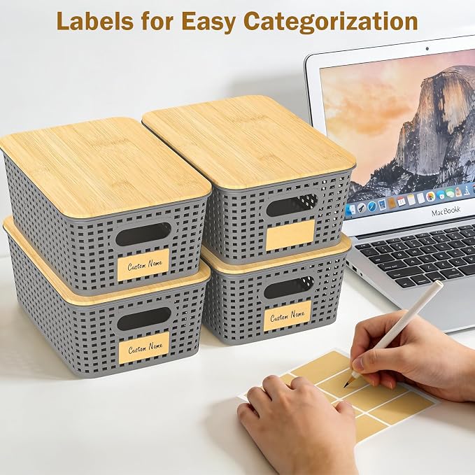 Stackable Storage Baskets: 8 Pack Plastic Baskets Bins, Gray | Decorative Baskets for Organizing, Pantry Decorative Containers for Closets, Cabinets, Shelves