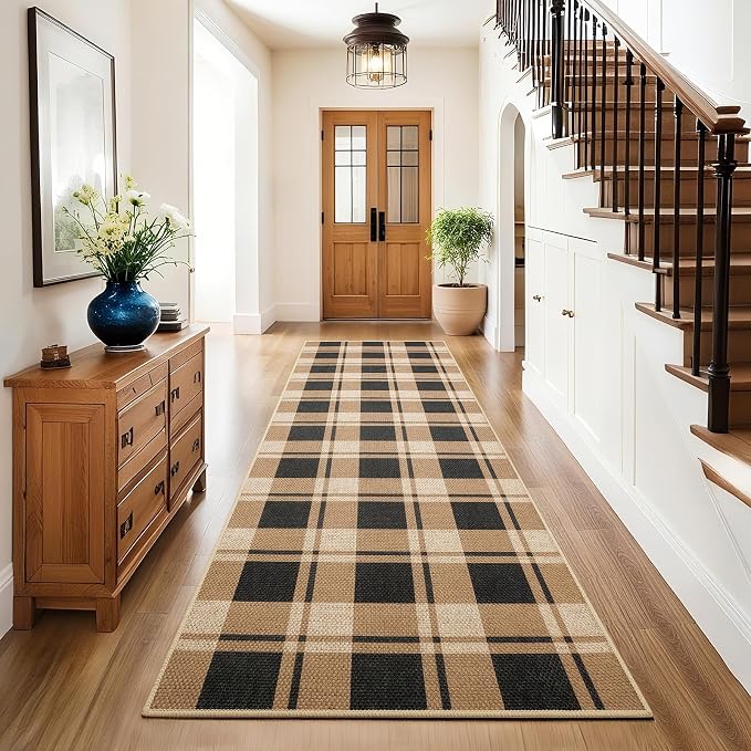 AROGAN Checkered Jute Runner Rug for Hallway, 2x6 Kitchen Runner Washable Rugs Carpet, Long Farmhouse Design Geometric Rugs for Entryway Indoor Laundry Welcome Mat 6 Ft Entry, Black and Brown