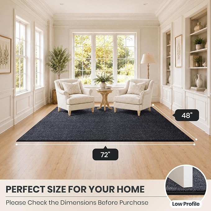 PURRUGS Easy Care Area Rug 4ft x 6ft, Non-Slip Machine Washable Door Mat, Stain Resistant Accent Rug for Entry, Hallway, Bedroom, Living Room and Mudroom, Bluish Grey-Black