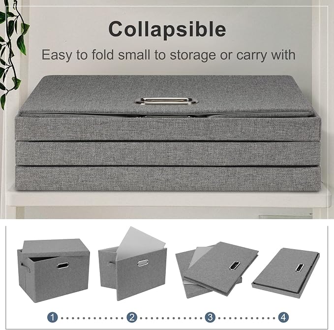 Graciadeco Large 17" 36 Quart Collapsible Stackable Storage Bins with Lids, 5 Packs Gray Foldable Fabric Closet Storage Boxes with Lids, Heavy-duty Linen Cube Baskets(17 x 12 x 11) | 36 Quart 5 Pack Gray1 Collapsible Stackable Linen Fabric 4 Handles Be...