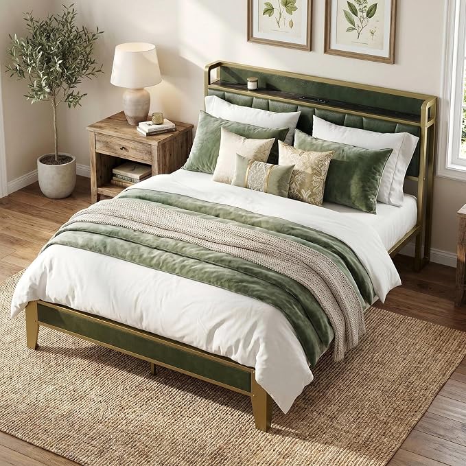 LIKIMIO Queen Bed Frame, Storage Headboard with Charging Station, Solid and Stable, Noise Free, No Box Spring Needed, Easy Assembly (Dark Green)
