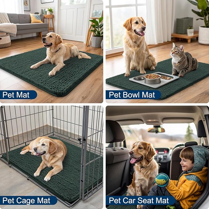 Smiry Dog Door Mat for Muddy Paws 59x35, Absorbent Dirt Trapper, Non-Slip Washable Chenille Entryway Rug for Inside Floor, Green, Classic Solid