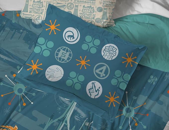 Marvel Fantastic Four Full Size Comforter Set 7 Piece Bedding, Blue | Superhero, Bed in a Bag, Comforter Sheets Shams Pillowcases, Official Product, Soft Microfiber, Machine Washable, Kids Gift