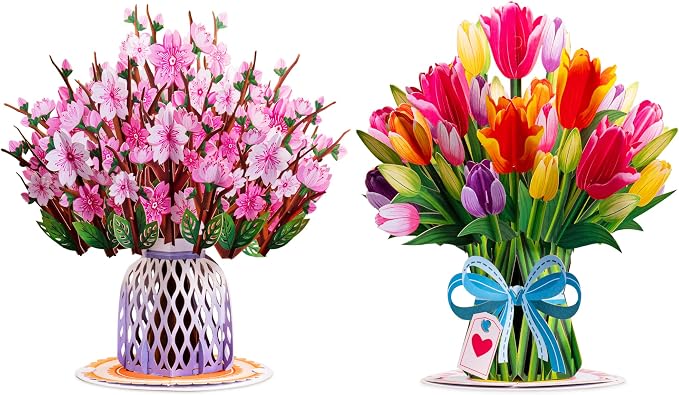 HugePop Flower Bouquet Pop Up Cards 2 Pack - Includes 1 Cherry Blossom Bouquet and 1 Tulip Flower Bouquet, Gift For Mothers Day, Birthday, Valentines Day, All Occasions - Jumbo 10" x 14" Card