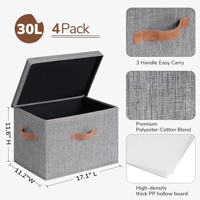 CHICVITA 4-Pack Large Fabric Storage Bins with Lids for Closet,Grey | 17.1" x 11.2" x 11.6" Storage Boxes for Shelves with Support Plate Fit Bedroom Storage Cubes with Handles for Clothes & Toys