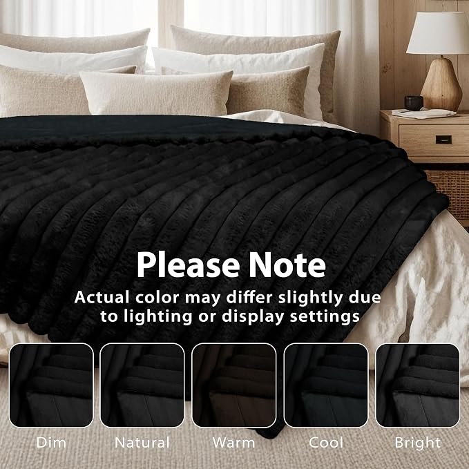 DEZ FURNISHINGS Luxury Reversible Textured Stripe Faux Fur & Velvet Throw Blanket, Twin (66" x 90"), Black