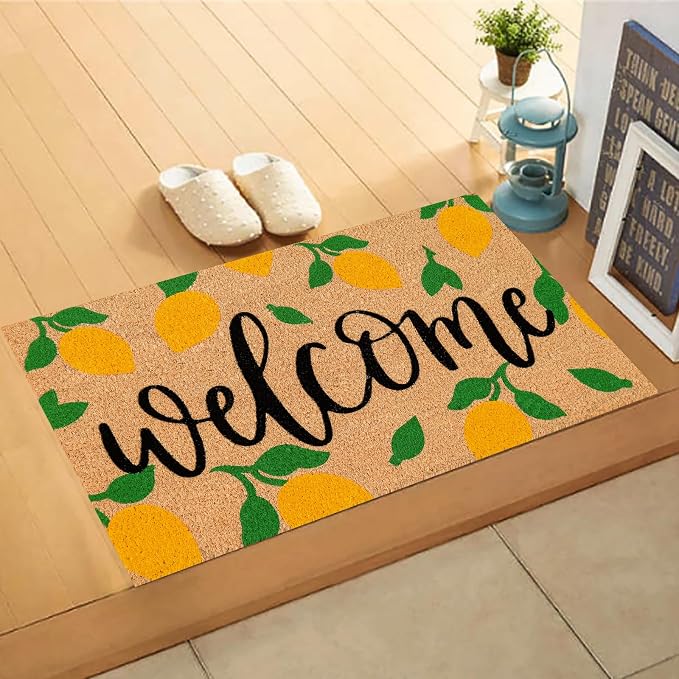 JarThenaAMCS Lemon Natural Coir Door Mat Yellow Summer Lemon Welcome Floor Mat Non-Slip Entrance Door Rugs for Indoor Outdoor Home Bathroom Decor, 16.5 x 29 Inch