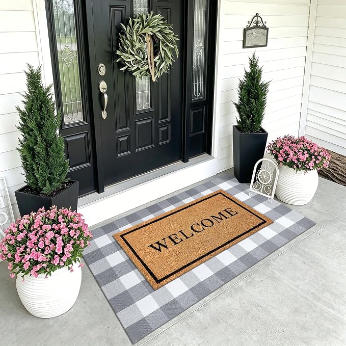 KOZYFLY Buffalo Plaid Area Rugs 3x5 Grey and White Washable Front Door Mat Woven Cotton Indoor Outdoor Rug for Front Porch Kitchen Entryway Patio Farmhouse Checkered Doormat